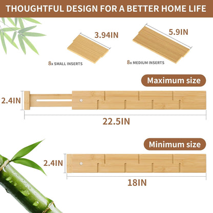 FILWH Bamboo Drawer Dividers with Inserts kitchen drawer organizer Adjustable Expandable 8 Pack Organizer Set for Kitchen Bedroom Bathroom Office 8 Dividers with 16 Inserts (Natural, Small (14-19IN))