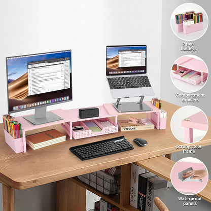 OPNICE Clear Acrylic Desk Organizers and Accessories, Dual Monitor Stand Riser with Drawer, Desk Shelf Computer Racks for Office Workspace Organizers, Desktop Organization (Transparent)