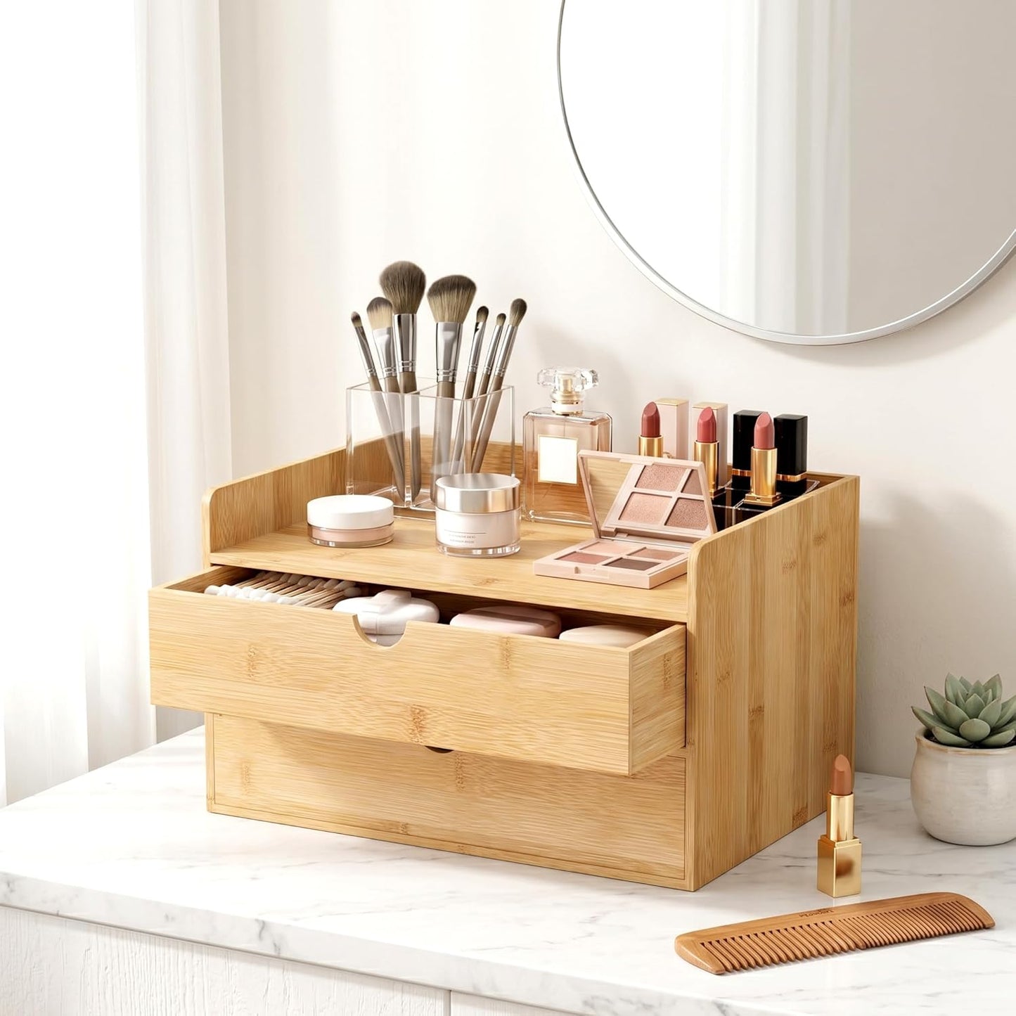Desk Organizer with Drawers - Bamboo Desktop Organizer Storage | Wood Desk Drawers Organizer for Bills, Office Supplies, Cosmetics, Seals No Assembly Required (3 Drawer with Big Drawer)