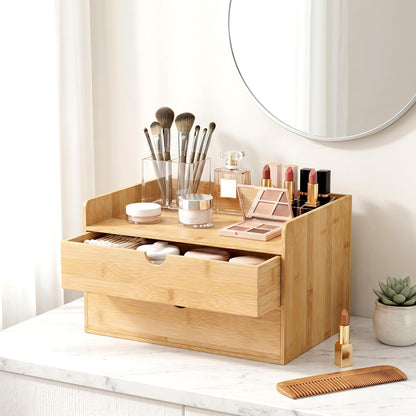 Desk Organizer with Drawers - Bamboo Desktop Organizer Storage | Wood Desk Drawers Organizer for Bills, Office Supplies, Cosmetics, Seals No Assembly Required (3 Drawer with Big Drawer)