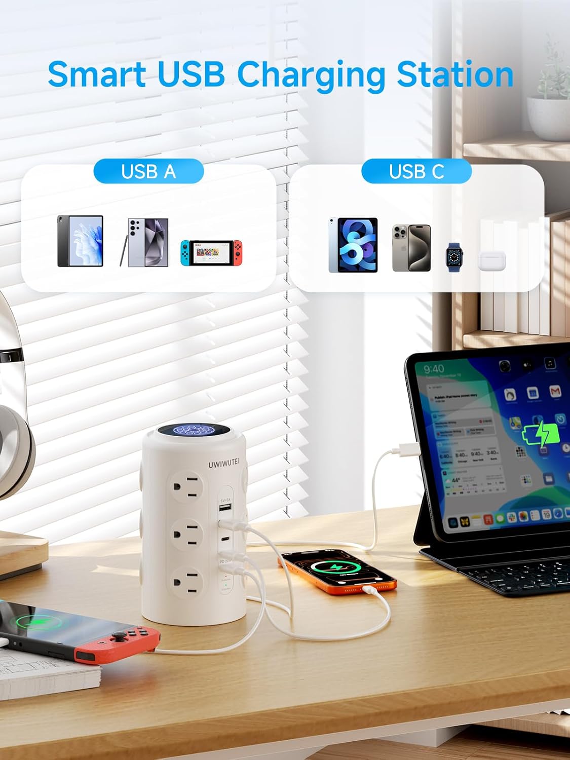 Surge Protector Power Strip - Desk Charging Station with 15W Wireless Charger, Multiple Outlets Charging Station with 16 2300J AC Outlets & 5 USB (2 USB C) Port, for Home, Office, Dorm Room