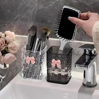 Acrylic Pen Holder for Desk, Clear Pencil Organizer Makeup Brush Cup Holders with Bow Back To School Accessories for Teachers Appreaction Present (Transparent)