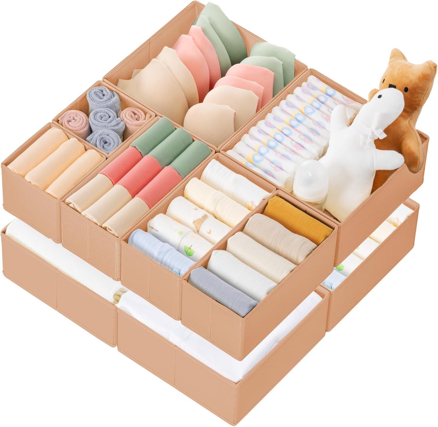 Criusia Drawer Organizer Clothes, 10 Pack Dresser Organizer for Baby Clothes, Underwear, Sock- Foldable Closet Organization and Storage Dividers Bins for Nursery, Bedroom (Beige)