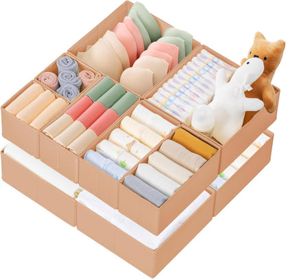 Criusia Drawer Organizer Clothes, 10 Pack Dresser Organizer for Baby Clothes, Underwear, Sock- Foldable Closet Organization and Storage Dividers Bins for Nursery, Bedroom (Beige)