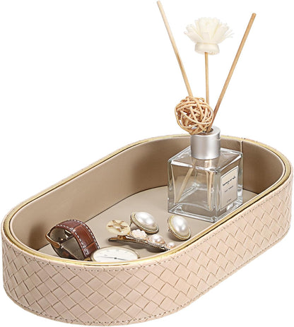 Hipiwe Perfume Trays PU Leather Vanity Tray for Dresser Bathroom Valet Trays Oval Desk Tray Jewelry Dish Holder Decorative Catchall Trays Nightstand Organizer, Beige
