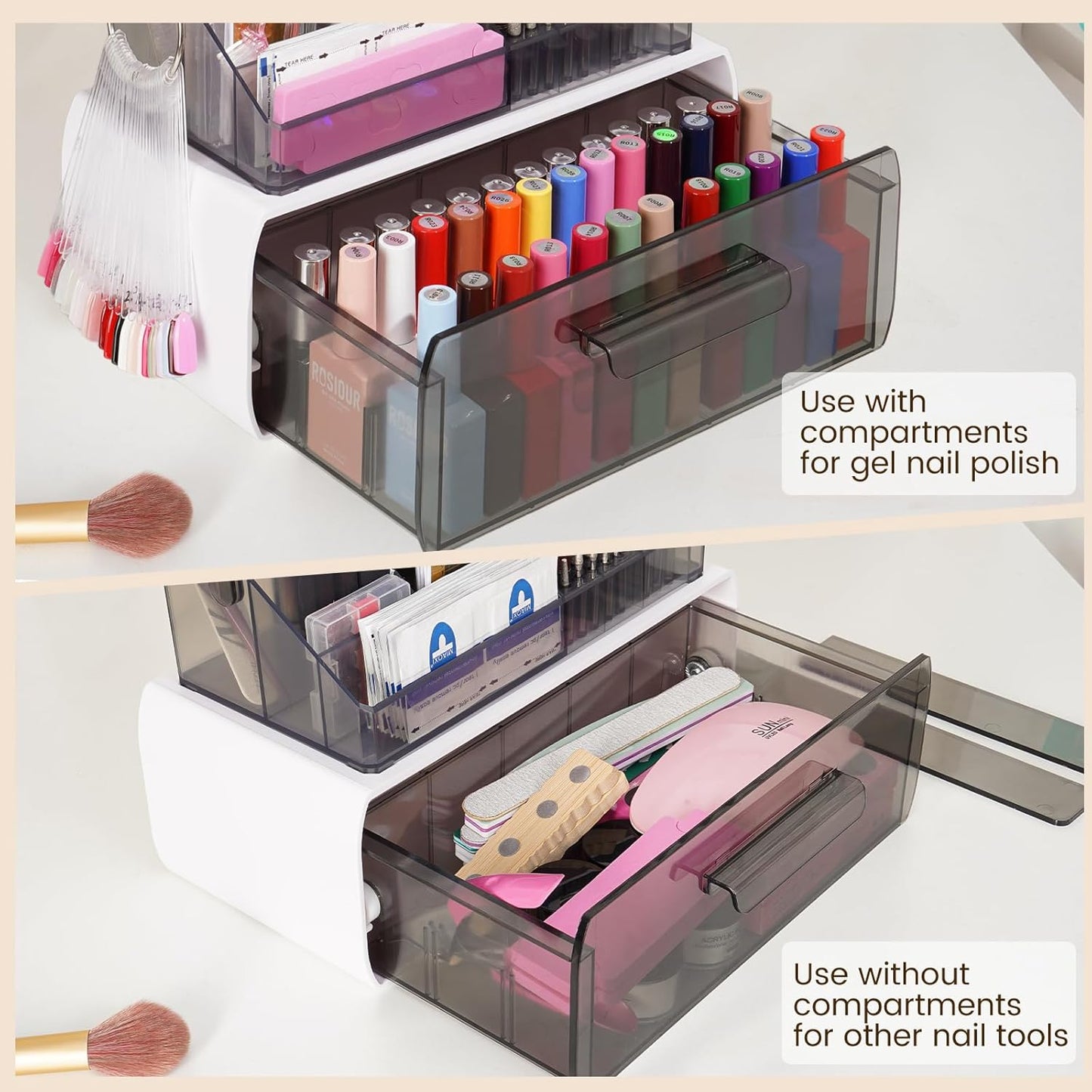 Wilfniee Nail Tech Desk Organizer Case: 2 Layers Nail Tech Organizers with Nail Polish Storage Drawer- 53 Holes Nail Drill Bits & Nail Brushes Pens Holder for Manicure Nail Supplies (Clear)