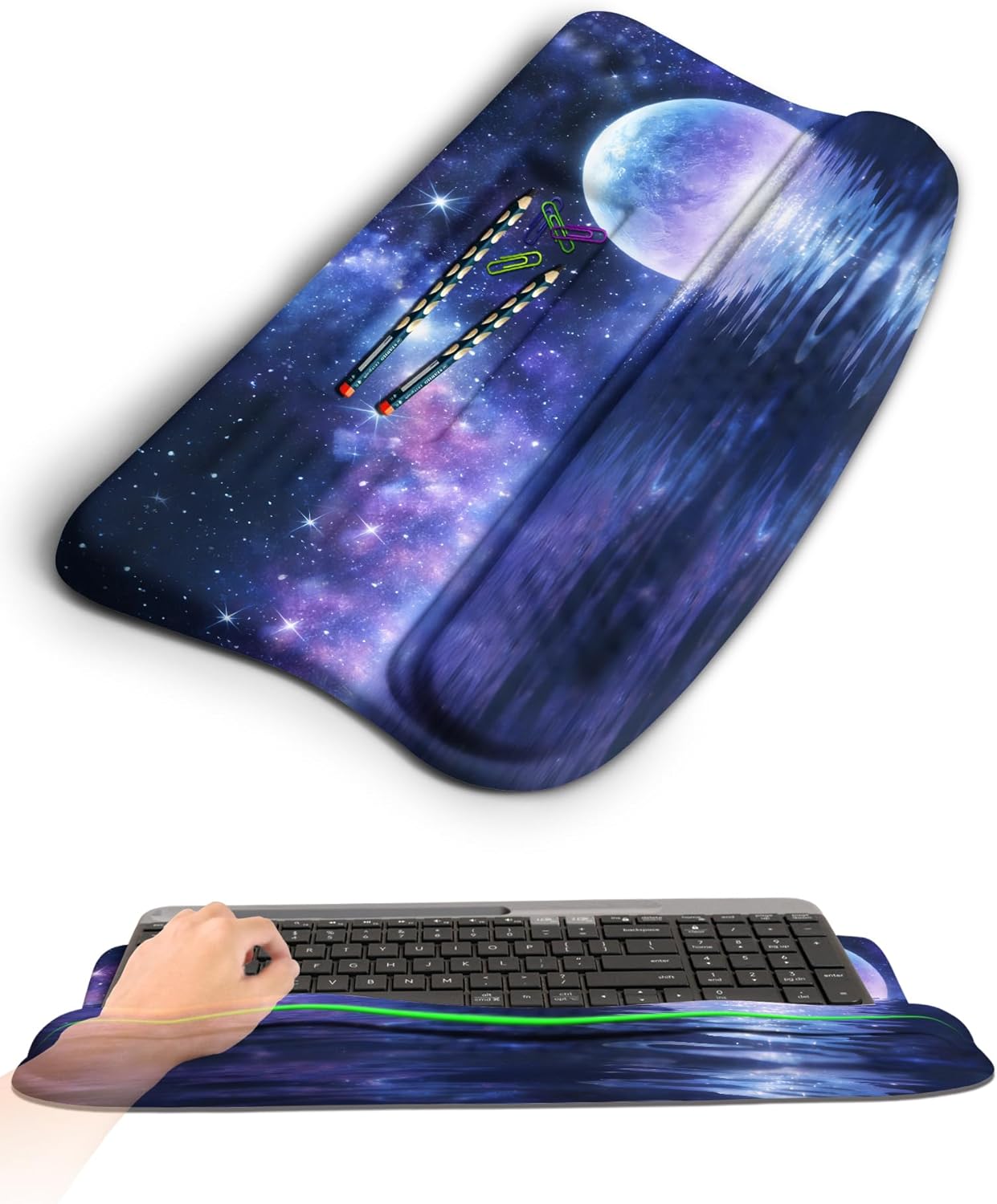 Ergonomic Wave Wrist Rest with Keyboard Stand, Cushioned Palm Rest, Comfortable Integrated Memory Foam for Natural Typing and Relieve Wrist Pain, Dark Night Black