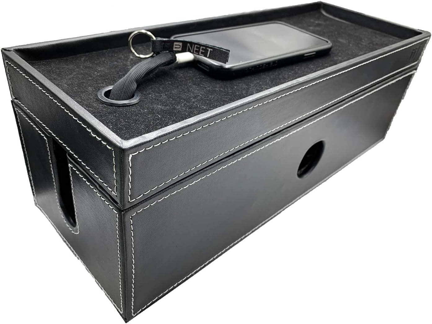 NEET Cable Management Box Large, Computer Cord Organizer, Hide and Conceal, Power Cable Organizer, Computers and Desks, Black Stitched Leather