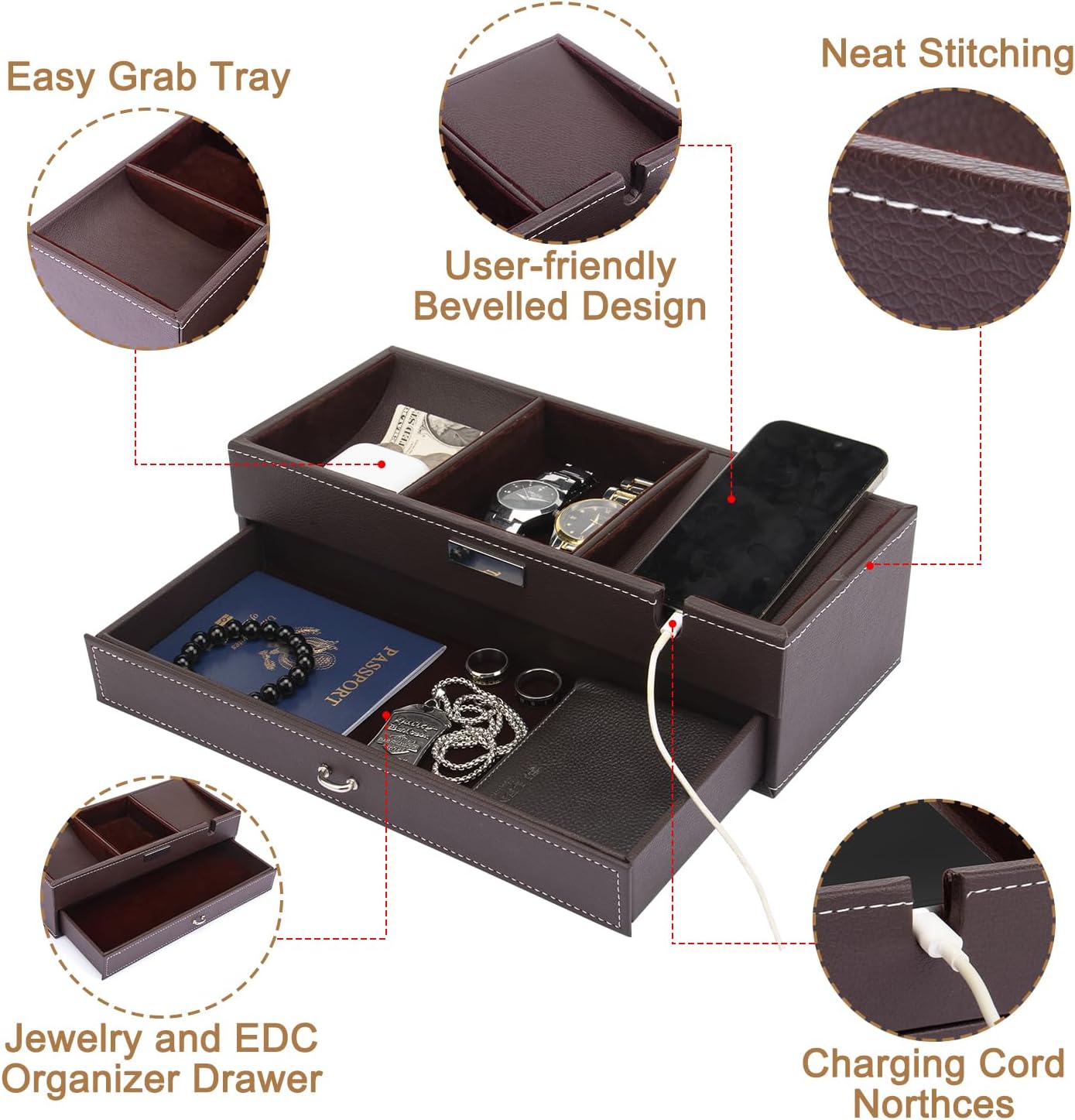 Baoyun Valet Tray for Men, 2 Layers Nightstand Organizers for Men and Women, Leather Jewelry Storage Box, Mens Dresser Top Organizer, Catch All for Jewelry Key Wallet and Phone (Brown)