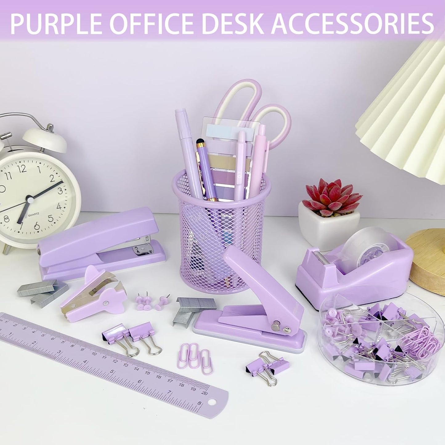 Purple Desk Accessories, 17Pcs Purple Office Supplies Set with Stapler, Mesh Desk Organizer, Tape Dispenser, Staple Remover, Pen Holder, Clips, Pens, Ruler, for Office Home School Women Students Gift