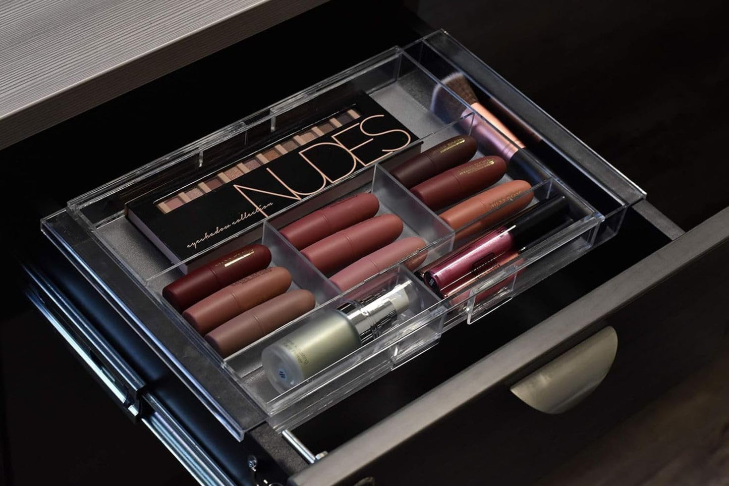 Masirs Expandable Drawer Organizer - Customizable Makeup Vanity Organizing Storage Tray for Bathroom, Bedroom & Desk Drawers - Clear Plastic Cosmetics Organizers with Expanding Compartment (Set of 2)