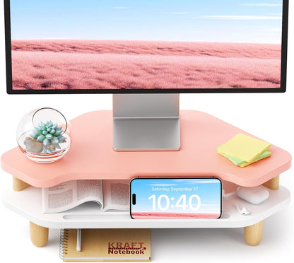 AFOOYO Monitor Stand Riser,2 Tier Corner Wood Sturdy 16.5In Computer Stand, Multi-Purpose Desktop Storage Stand for Laptop,PC,iMac,Printer,Computer,White