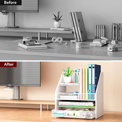 Homsorout Wooden Desk Organizer - Mesh File Organizer with Drawers and Pen Holder - 4-Tier Vertical Paper Letter Storage Tray, Desktop Organizers and Accessories for Home Office