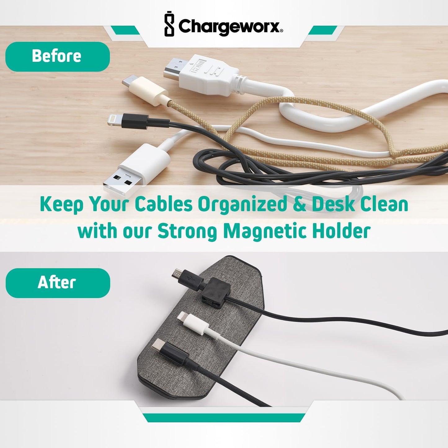 CHARGEWORX Magnetic Cable Organizer – Weighted Non-Adhesive Cord Holder with 3 Magnetic Clips for USB-C, Lightning & MagSafe Cables – Desk, Office & Nightstand Cable Management