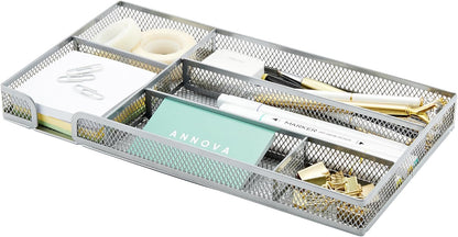 Annova Desk Drawer Organizer Tray for Office Organization - Metal Mesh - Storage Tray with Dividers for Pens, Desktop Accessories, Bathroom, Kitchen, Makeup and Office Supplies (Small, Gold)