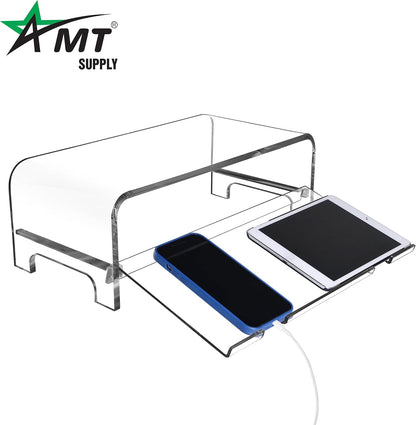 AMT Acrylic Laptop Monitor Stand & Computer Riser with Cat Keyboard Protector, Space-Saving Design, Extra Storage, Clear Shelf - Ideal for Monitors, Laptops, Printers, Desktop Decor