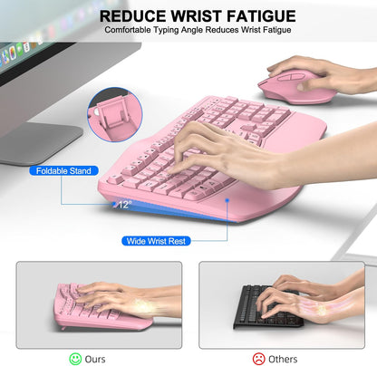 Wireless Keyboard and Mouse Combo, 2.4G Full Size Wave Keys Ergonomic Keyboard with Wrist Rest and 3-Level DPI Adjustable Wireless Ergonomic Mouse for Windows, Mac OS Desktop/Laptop/PC(Black)