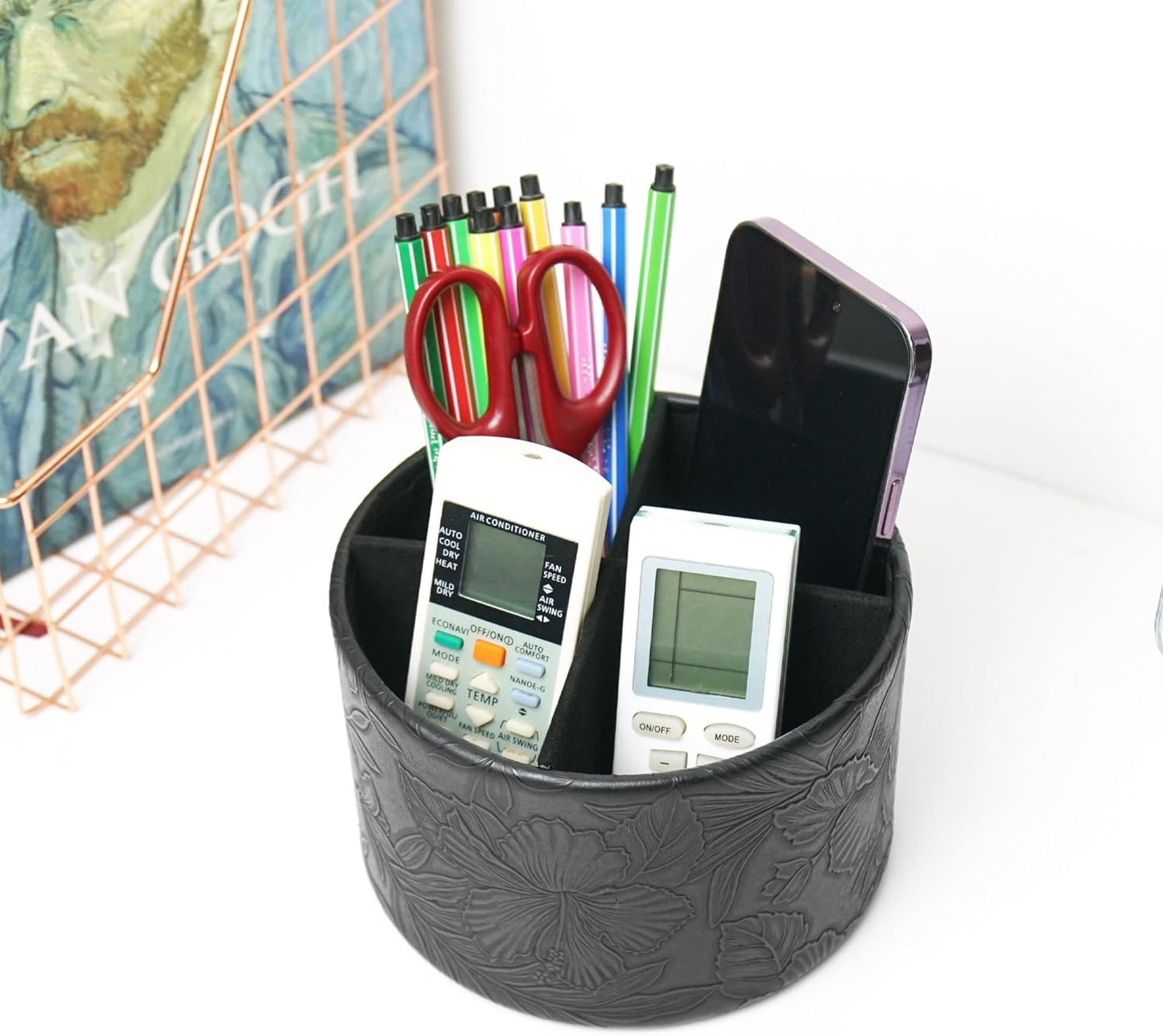 Hennaja Round Leather Art Supply Organizer,Remote Control Holder,360 Degree Rotating,Multi-Functional Pencil Holder,4 Compartments Desktop Stationary Organizer(1-Blue Bird) - Colors A