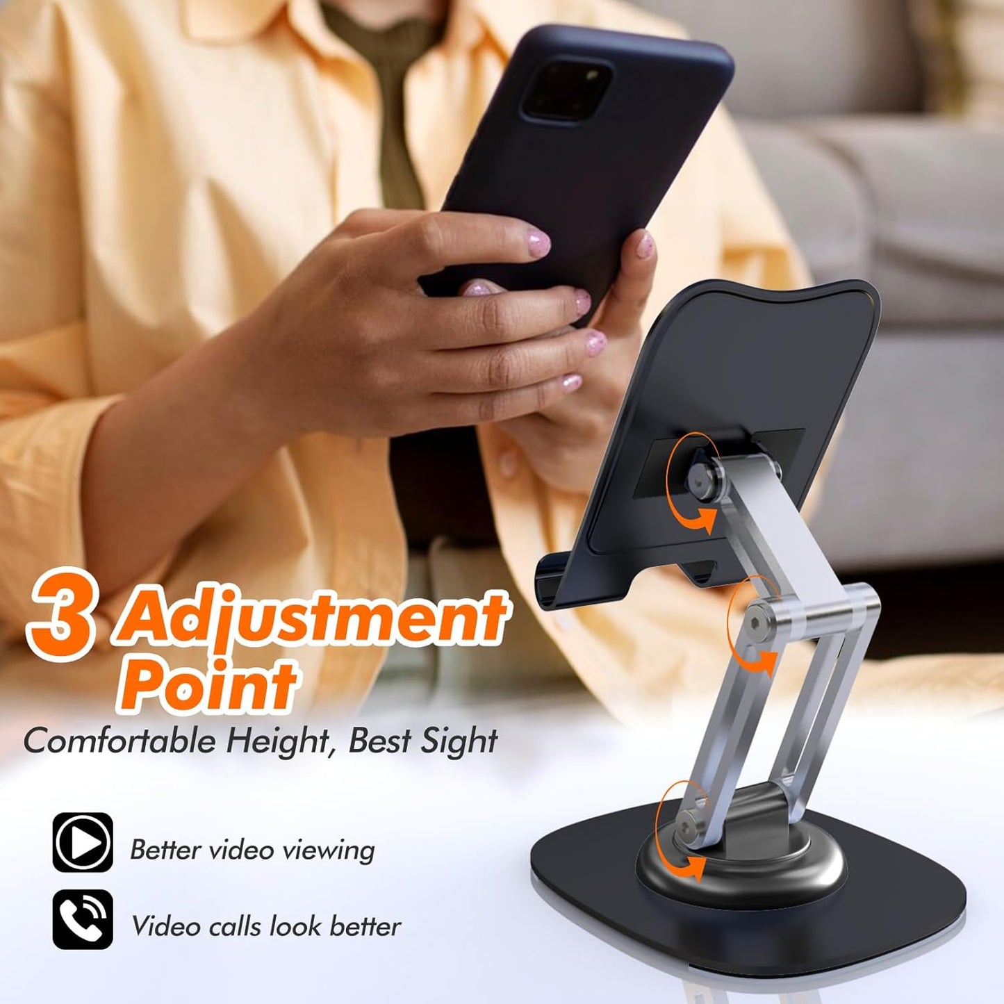 Metal Phone Stand for Desk, Adjustable Foldable Desktop Phone Holder, 360 Degree Rotating Cell Phone Stand for Recording Compatible with iPhone 17 16 15 14 13 12 11 Pro, Black