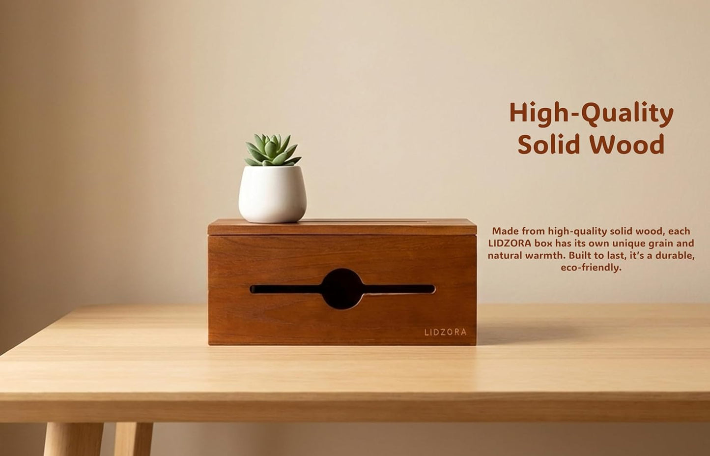 Wooden Cable Management Box for Power Strips, Desk Cord Organizer for Home Office & TV Stand, Hidden Cable Storage with Phone Stand