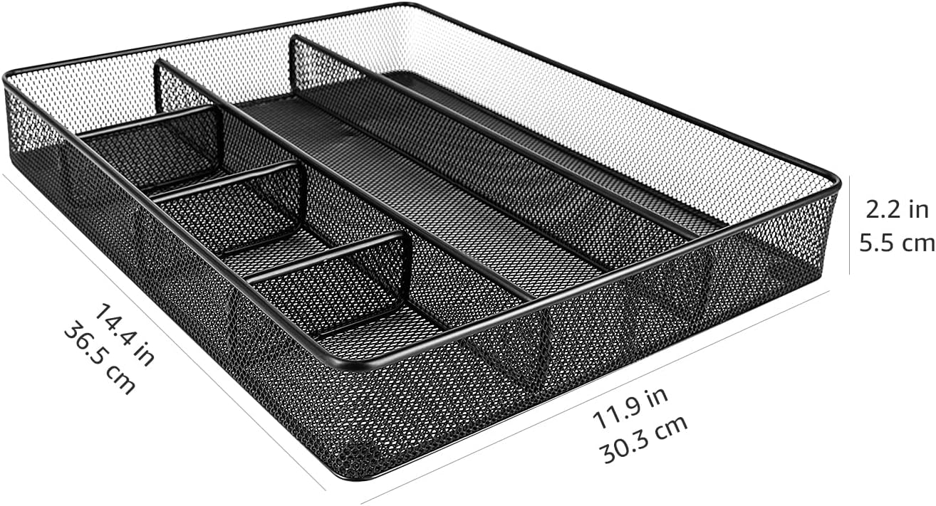 Amazon Basics Metal Mesh Desk Organizer with 6 Compartments, Anti-Slip Pen Holder Storage Tray for Office Supplies and Home, Black