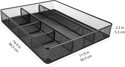 Amazon Basics Metal Mesh Desk Organizer with 6 Compartments, Anti-Slip Pen Holder Storage Tray for Office Supplies and Home, Black