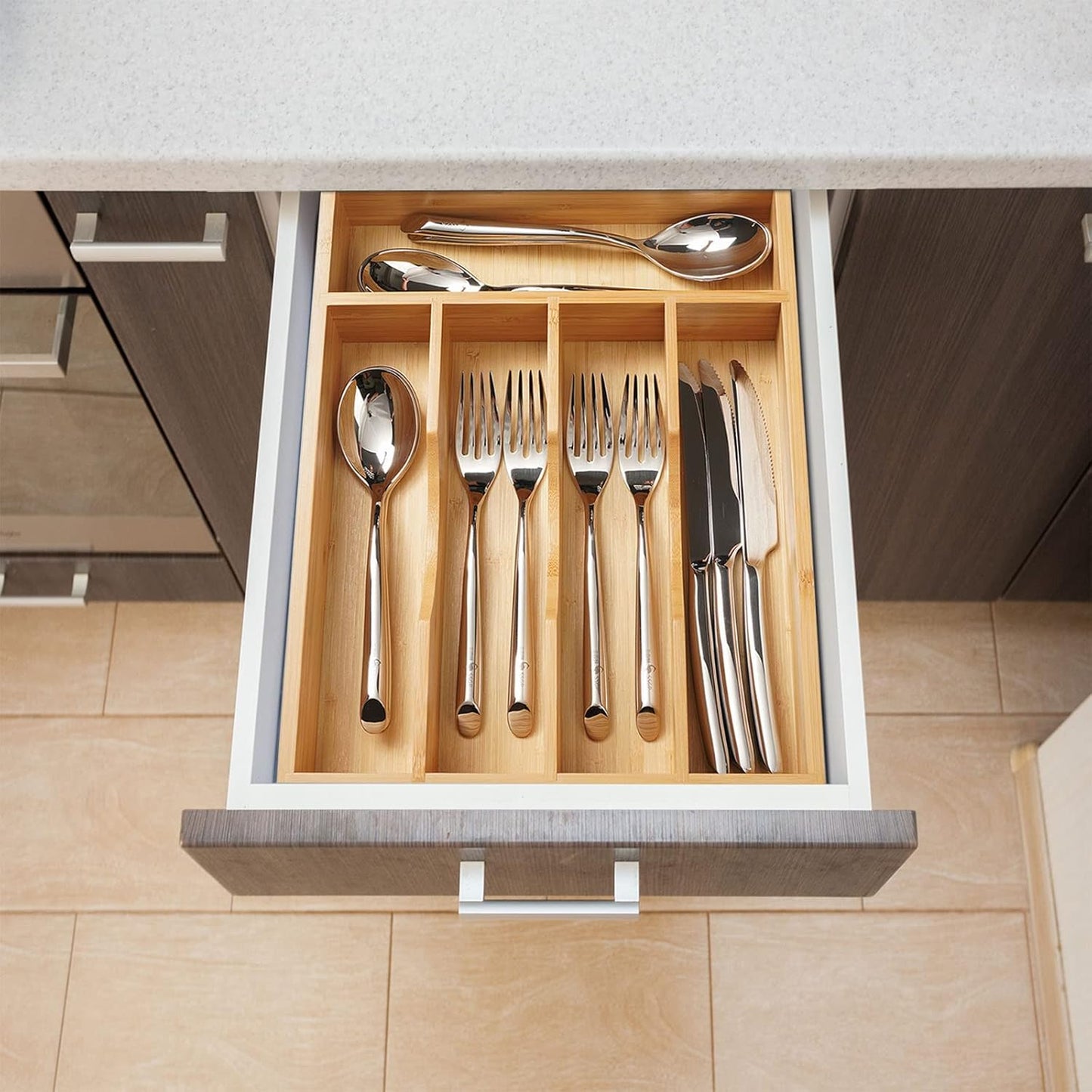 Umilife Bamboo Kitchen Drawer Organizer, 13 Inch Silverware Utensil Tray Holder, Extra Deep Grooved Drawer Divider, 7 Slots Total Bamboo Wood Caddy for Flatware Cutlery Knives, Forks, Spoons