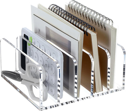 SANRUI 5 Compartments Acrylic Mail Sorter Holder, Clear Document Magazine Envelope File Rack, Vertical Letter Sorter & Multifunction Desk Organizer for Bills, Documents, Notebooks