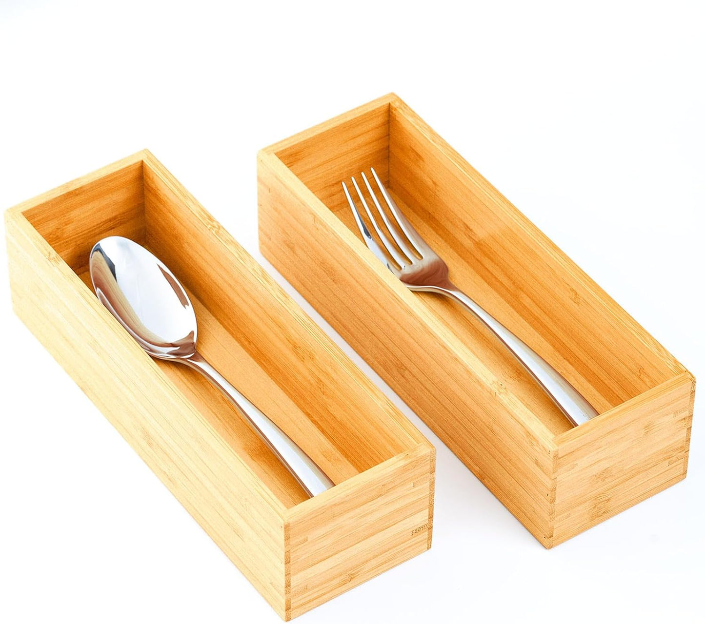 Umilife Bamboo Kitchen Drawer Organizer, Extra High Silverware Tray, Flatware Cutlery Storage Box, Multi-Use Holder in Office, Bathroom, Pantry - 9"x6"x2.5" (Set of 2)