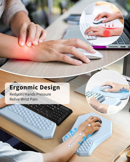 Ergonomic Mouse Pad and Keyboard Wrist Rest Support Set, Massage Design Mousepad for Carpal Tunnel Pain Relief, Memory Foam, Non-Slip PU Base for Computer Desk, Baby Blue