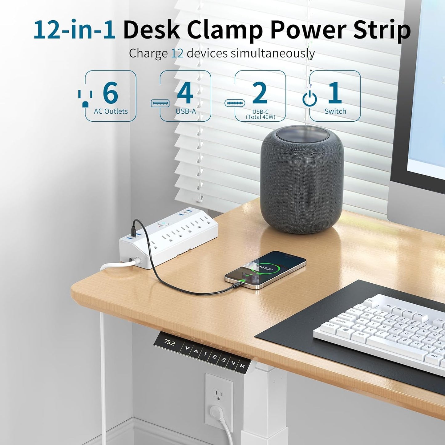 Desk Clamp Power Strip with 40W Fast Charging Station, JXGUCAT 10FT Flat Plug Desk Mount Power Strip Surge Protector, Removable Extension Cord with 2 USB-C Ports 6 Outlets, Fits 1.8" Tabletop Edge