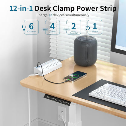 Desk Clamp Power Strip with 40W Fast Charging Station, JXGUCAT 10FT Flat Plug Desk Mount Power Strip Surge Protector, Removable Extension Cord with 2 USB-C Ports 6 Outlets, Fits 1.8" Tabletop Edge