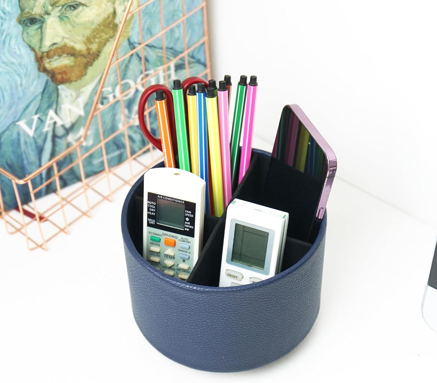 Hennaja Round Leather Art Supply Organizer,Remote Control Holder,360 Degree Rotating,Multi-Functional Pencil Holder,4 Compartments Desktop Stationary Organizer(1-Blue Bird) - Colors B