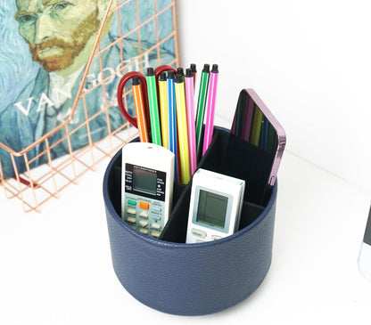Hennaja Round Leather Art Supply Organizer,Remote Control Holder,360 Degree Rotating,Multi-Functional Pencil Holder,4 Compartments Desktop Stationary Organizer(1-Blue Bird) - Colors B