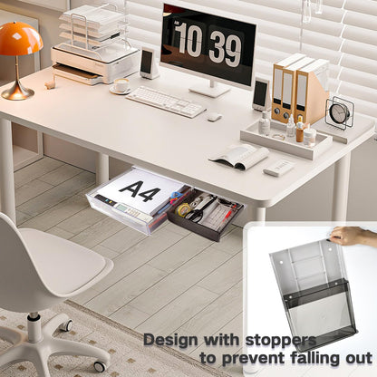 Self-adhesive Under Desk Drawer Organizer, 2 Pack Table Hidden Slide Out Large Storage Mounted Desktop Pencil Holder Tray Drawers for Office Home School Stationery Kitchen (Large, White)
