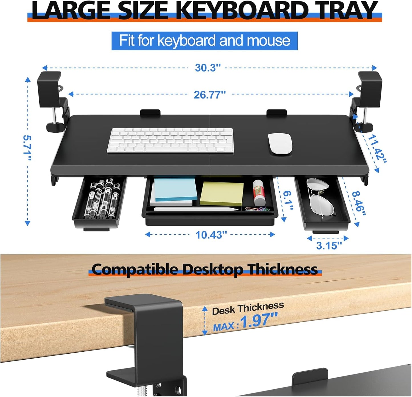 Large Keyboard Tray Under Desk Slide Out with Sturdy C-Clamp Mount and Storage Drawer, 27" (31" Including Clamps) x 12" Ergonomic Keyboard Trays for Home and Office, Black