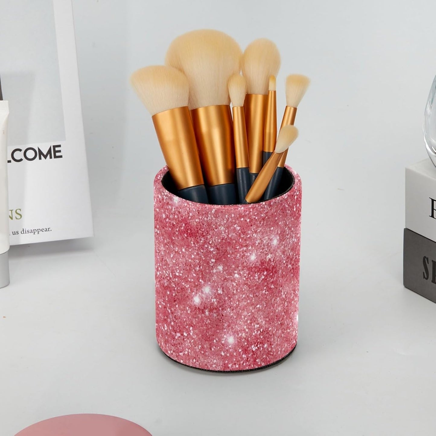 Leather Pen Holder for Desk, Love Cherry Pencil Organizer Pencil Cup Desk Decor Makeup Brush Holder Multifunctional Office Supplies for Home,Office, School
