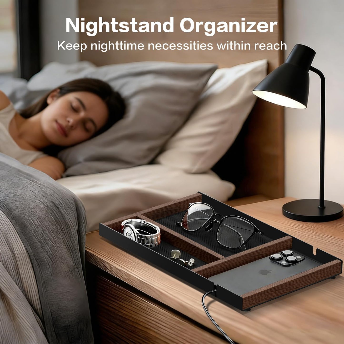 Desk Drawer Organizer Tray With Removable Magnetic Wooden Strip,Freely Adjustable Space,Made of Aluminum and Walnut,Valet Tray for Mens,Desk Accessories for Office/Home/Nightstand