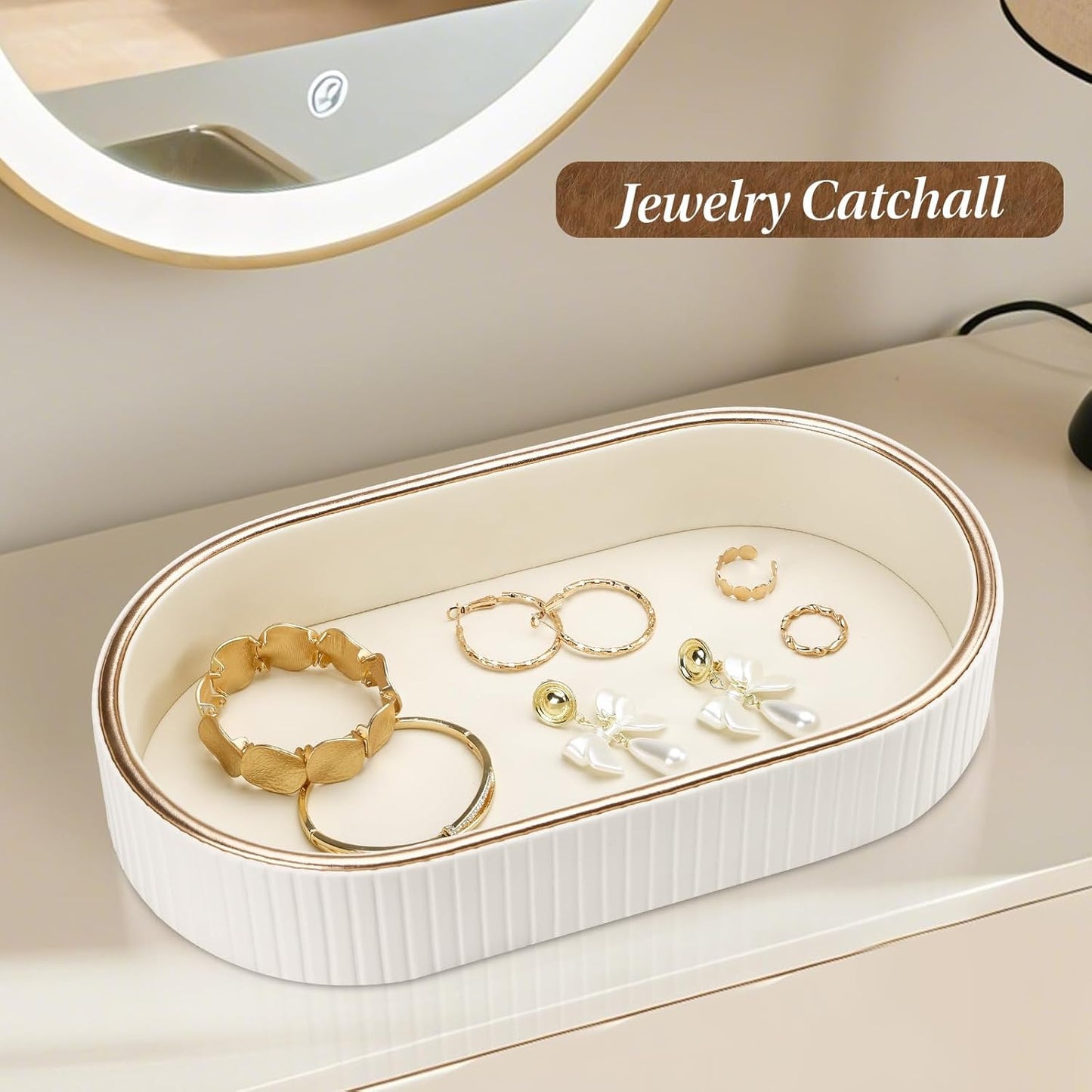 GORESE PU Leather Perfume Tray Nightstand Organizer, Small Oval Desk Tray Jewelry Trinket Trays Valet Organizer Key Bowl for Entryway Dresser Bathroom, Catchall Trays for Men Women, 11×5.9 in, Beige