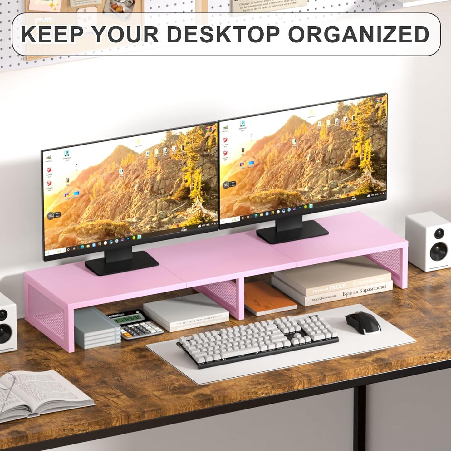 Dual Computer Monitor Stand Riser, Desk Organizers and Accessories, Printer & TV Stand, Desk Shelf, Office Desk Accessories & Desktop Workspace Organizer for Office Supplies, Black