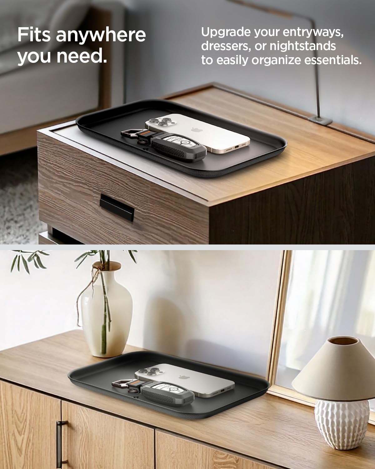 Spigen Modern Valet Tray Premium PU Storage Stylish Organizer Designed for Entryway Bedside Nightstand Desk for Key, Wallet, Watch, Phone, Jewelry, and Everyday Carry Accessories - Black (Sectional)