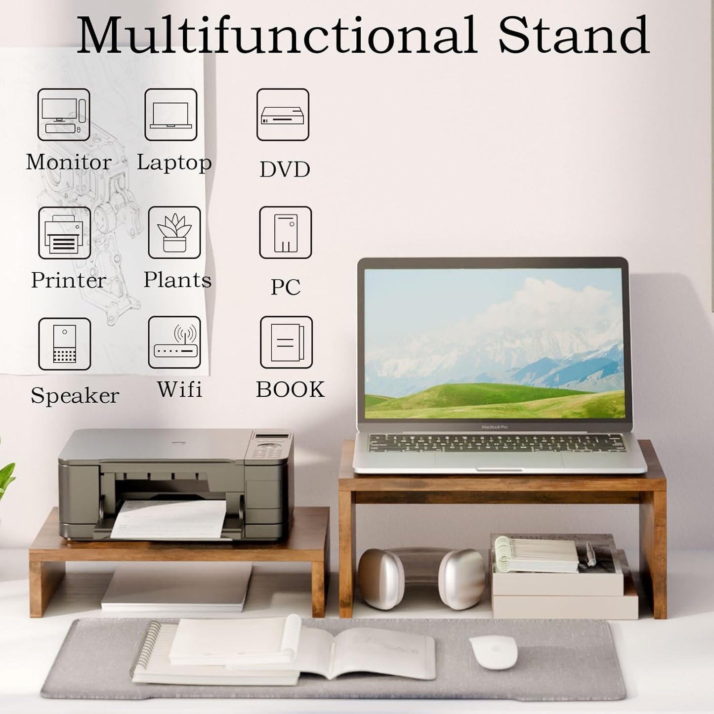 TEAMIX Adjustable White Monitor Stand Riser - 2 Pack, Wood 2 Tier Adjustable Stand for 2 Monitors/Laptop/PC