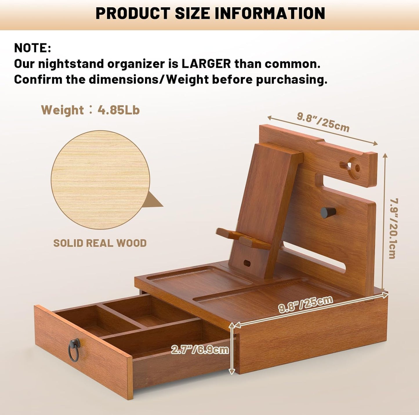 Wood Phone Docking Station with USB Ports and Outlets, Nightstand Organizer with Charging Station, Bedside Organizer with Drawer for Watch & Accessories, Christmas Anniversary Birthday Gifts for Men