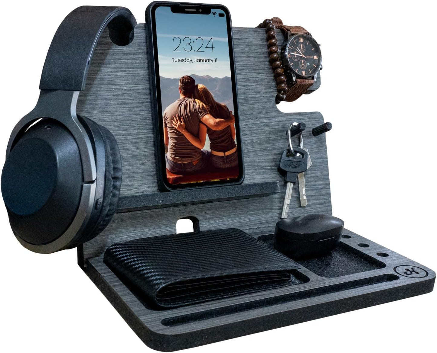 Namore Wood Phone Docking Station for Men – Nightstand & Desk Organizer with Valet Tray for Wallet, Watch & Keys – Bedside Organizer Gift for Husband or Dad