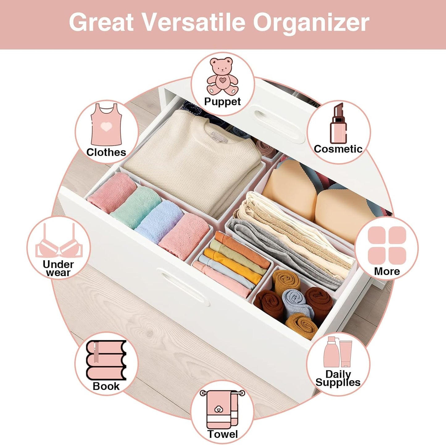 Criusia Drawer Organizer Clothes, 8 Pack Underwear Organizer, Foldable Closet Organizers and Storage Dresser Dividers for Clothes, Socks, Scarves, Ties (Gray)