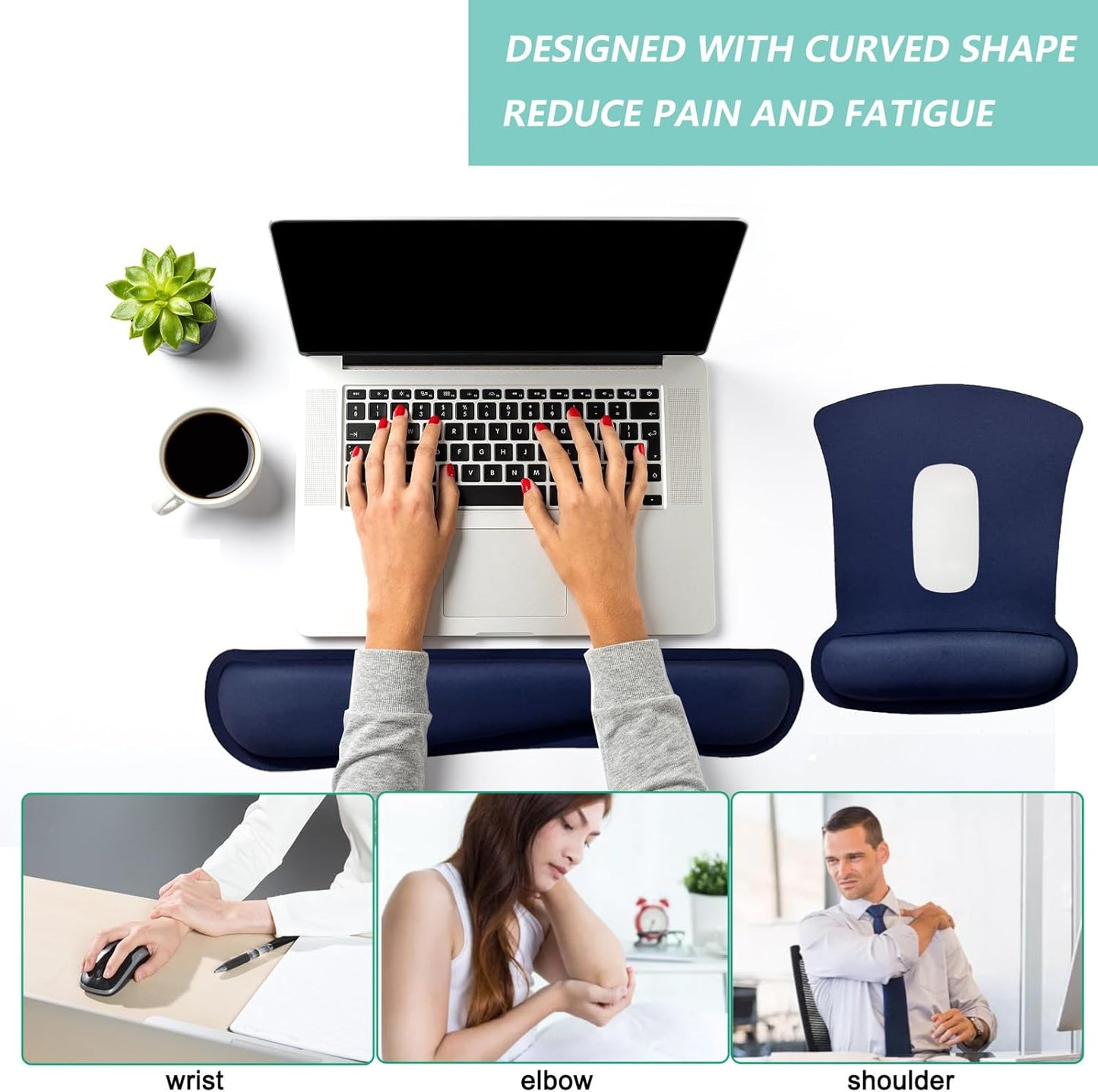 Keyboard Wrist Rest Pad Mouse Pad with Wrist Support Set of 3, Gaming Mousepad with Non-Slip Rubber Base, Ergonomic Memory Foam Mouse Cushion Support for Home Office Laptop Computer, Navy Blue