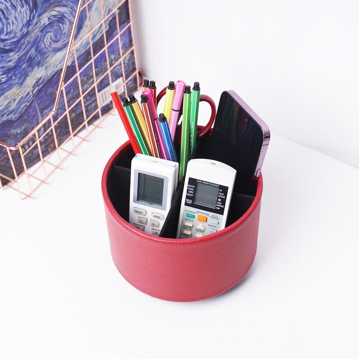 Hennaja Round Leather Art Supply Organizer,Remote Control Holder,360 Degree Rotating,Multi-Functional Pencil Holder,4 Compartments Desktop Stationary Organizer(1-Blue Bird) - Colors B