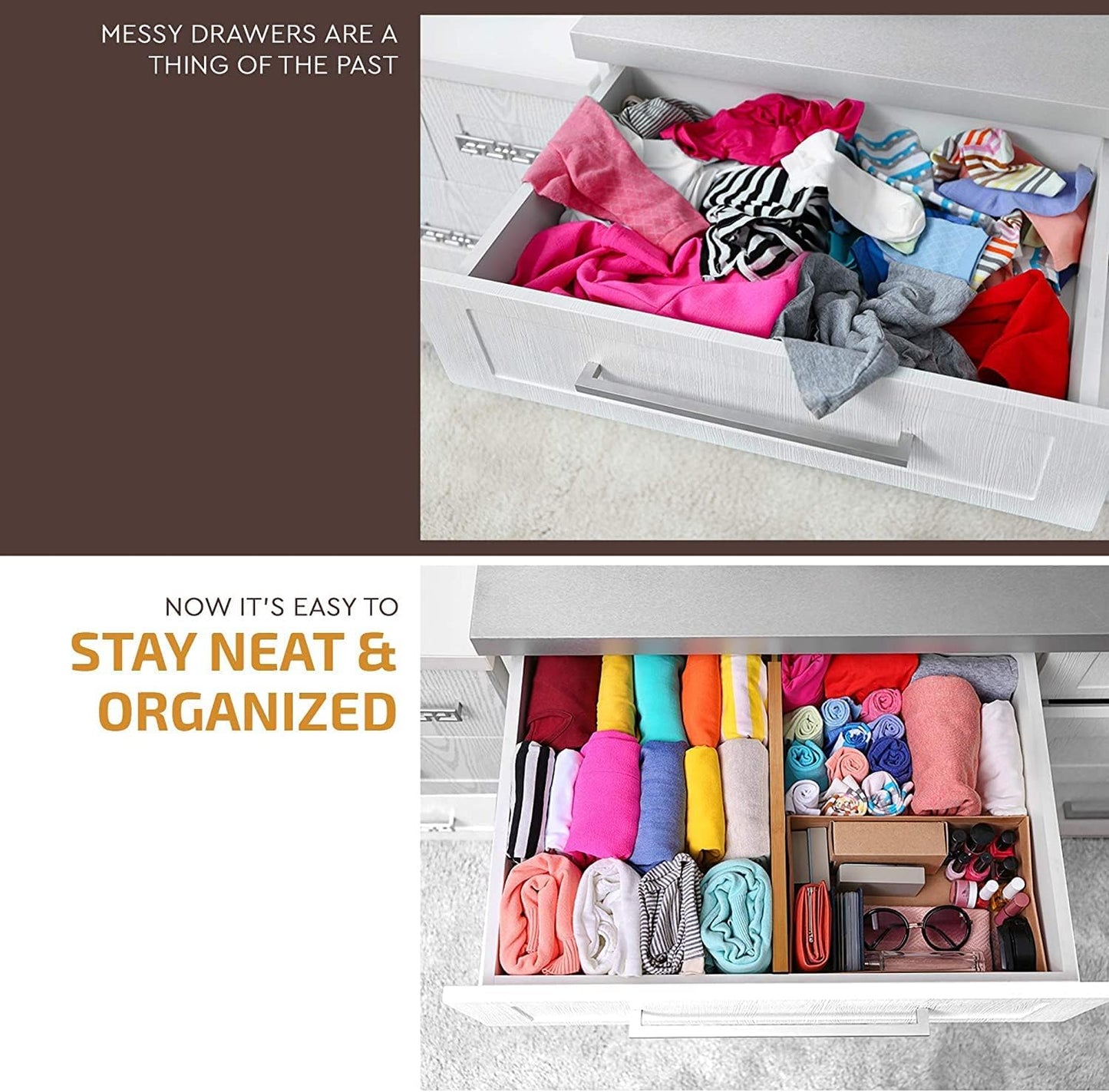6-Pack Drawer Dividers - 2.6 Inches High, Adjustable 16 to 22 Inches Bamboo Drawer Organizer, Large Expandable Separator for Clothes, Dresser, Bedroom, Bathroom, Baby, Office, Kitchen Utensils, Black