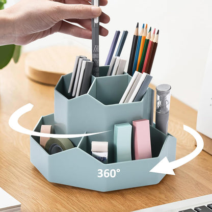 Pencil Pen Holder for Desk, 9 Slots 360 Degree Rotating Desk Organizer, Cute Pen Organizers Stationery Supplies for Office Home & Art Supply (Beige)