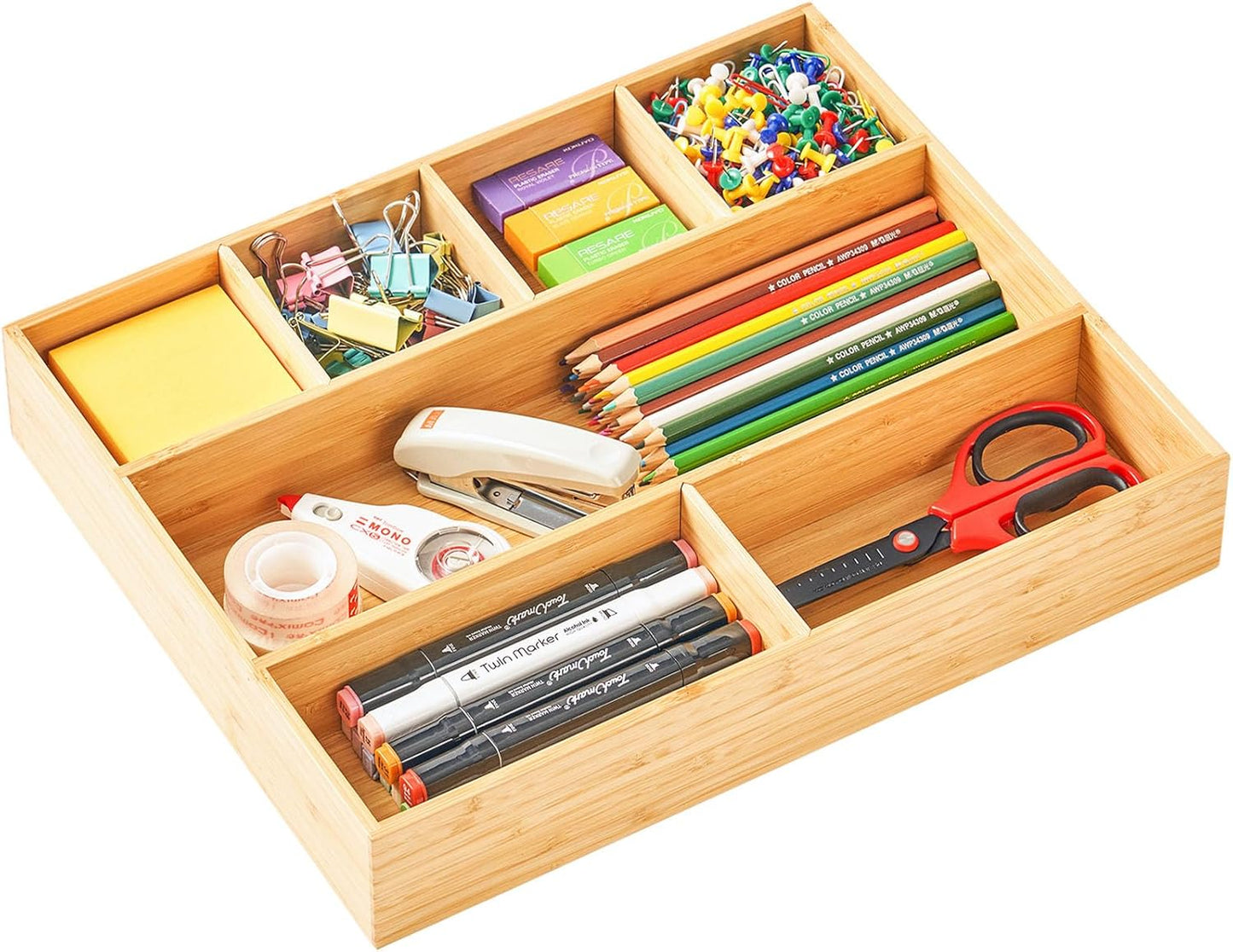 Umilife Bamboo Desk Drawer Organizer, Wood Junk Organizer Tray with Adjustable Dividers, Anti-Skip Storage Organization in Office Bathroom Drawer for Vanity, Makeup, 12" x 9"
